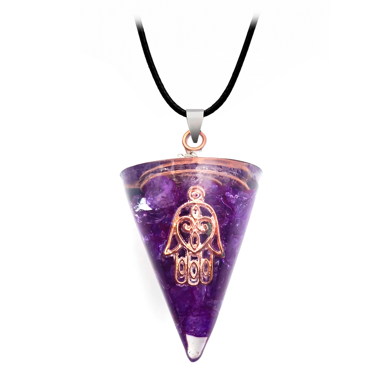 Collar Orgonita Mano Hamsa Cuarzo Amatista + Estuche 